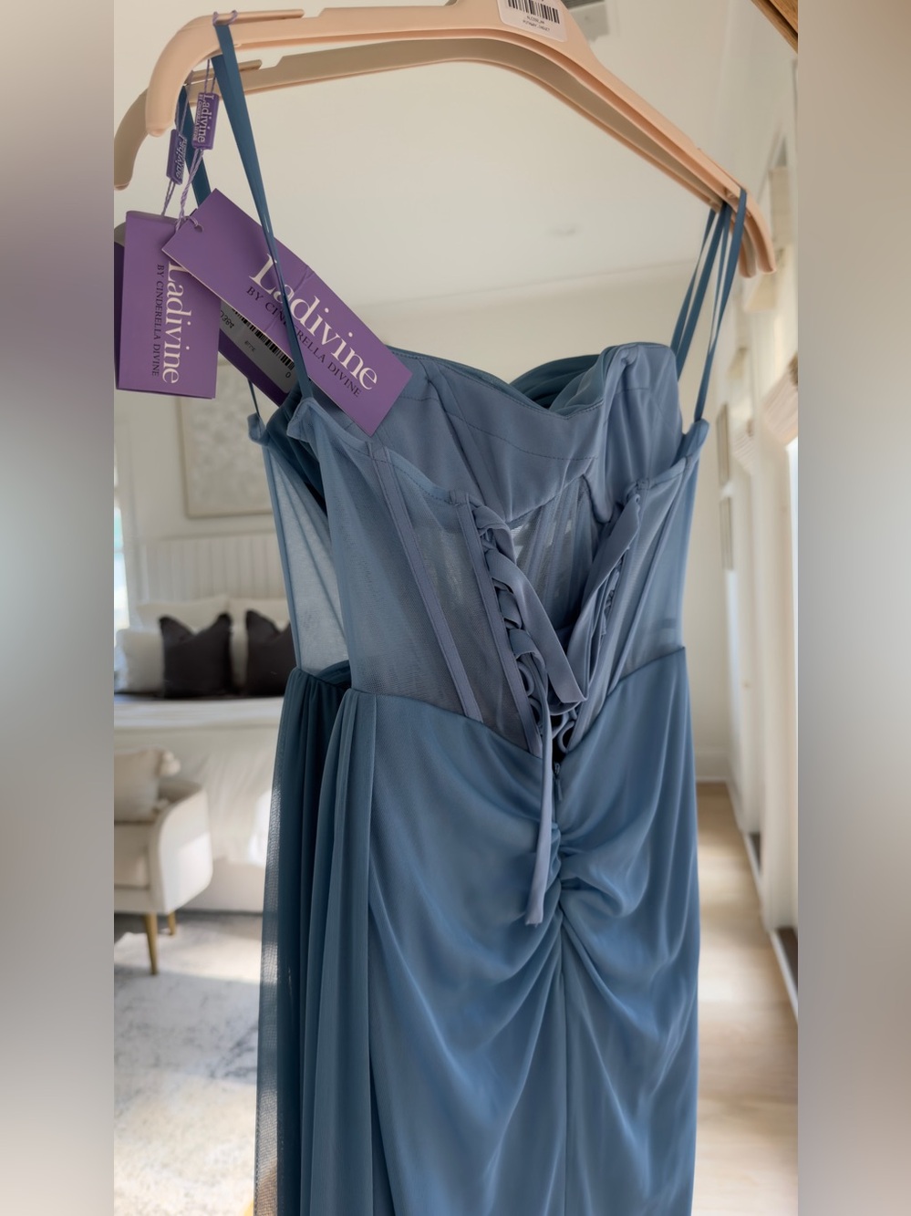 Blake Cinderella Sky Blue Strapless Ruched Gown with Side Drape - Picture 10 of 13